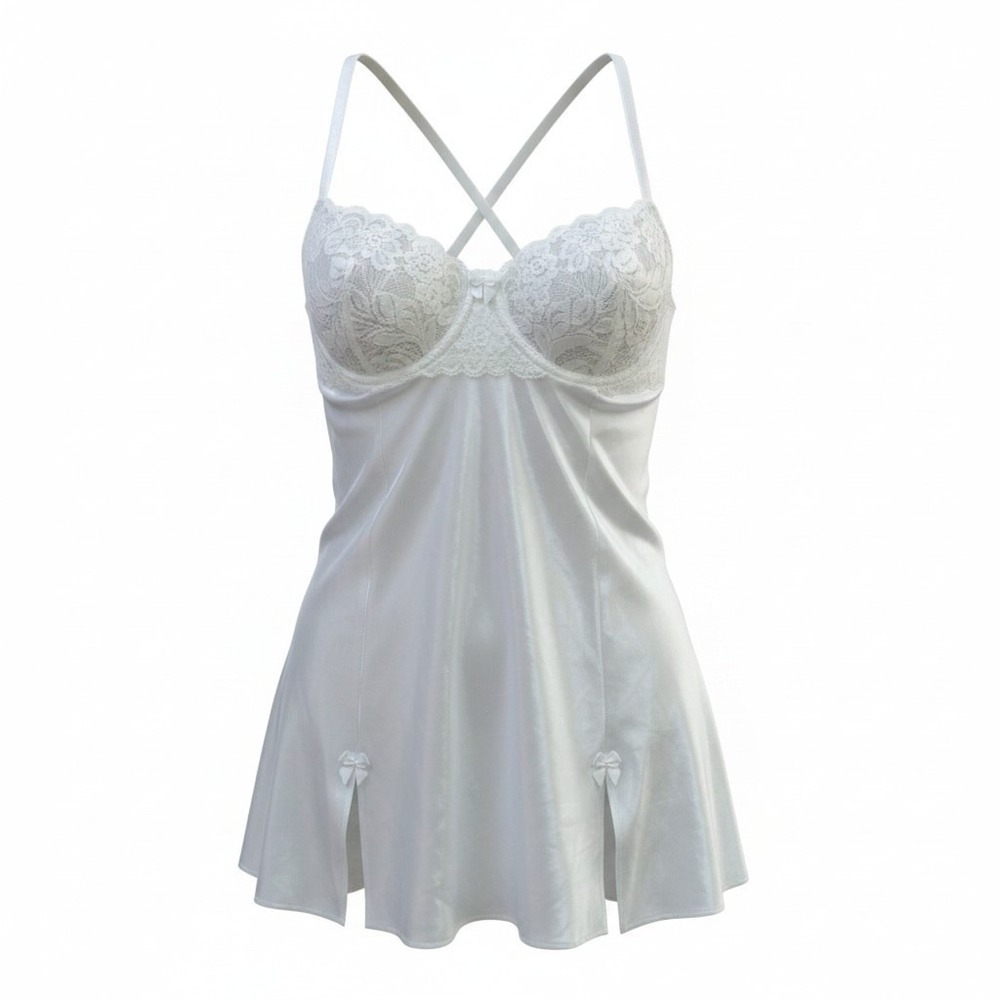 Frederick's of Hollywood Ivory Lace Satin Chemise with Crisscross Straps